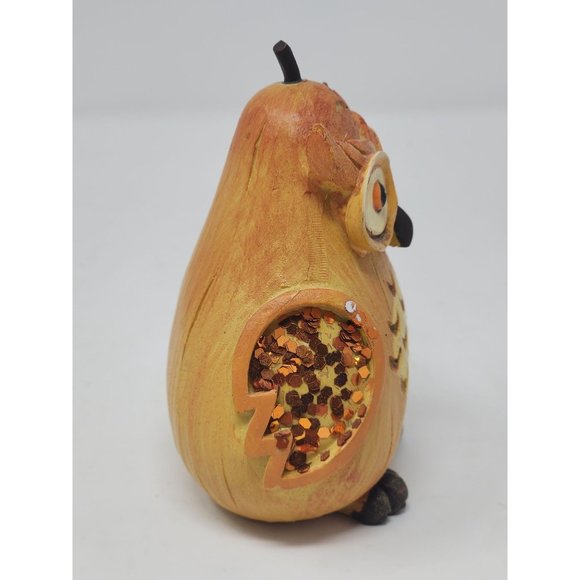 Wood Owl Figurine Pear Shaped With Stem Hand Painted Carved Orange Glitter Wings - Picture 2 of 9